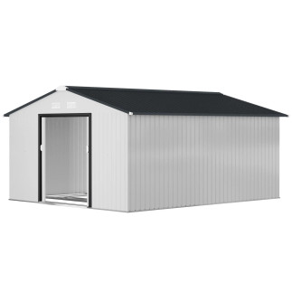 Cobertizo de Jardín 12,4 m² 340x386x200 cm con 2 Puertas Corredizas Base Refuerzo Blanco