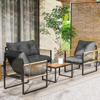 Conjunto de Jardín de 4 Piezas con Sofá Sillones y Mesa de Ratán Sintético Cojines Cómodos y Resistente a Rayos UV