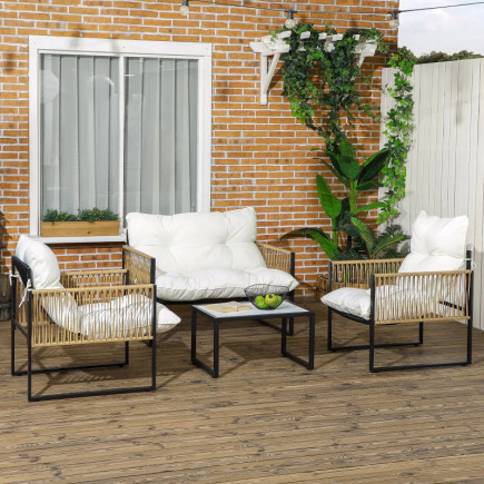 Conjunto de Jardín de 4 Piezas con Sofá Sillones y Mesa de Ratán Sintético Cojines Cómodos y Resistente a Rayos UV