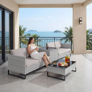 Rattan set for 4 people, with storage box 3 colors Garden