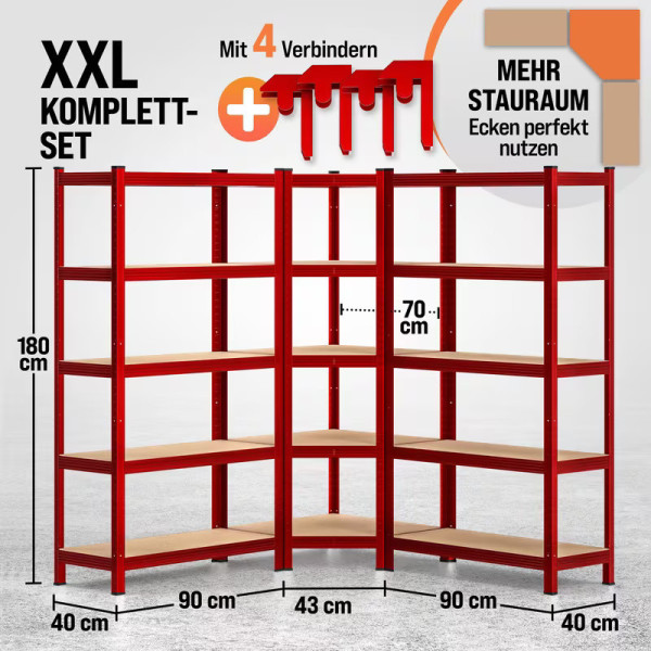 3-Piece Corner Bookshelf Set, Red, Blue, Black Metal Shelving