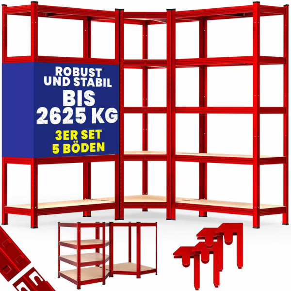 3-Piece Corner Bookshelf Set, Red, Blue, Black Metal Shelving